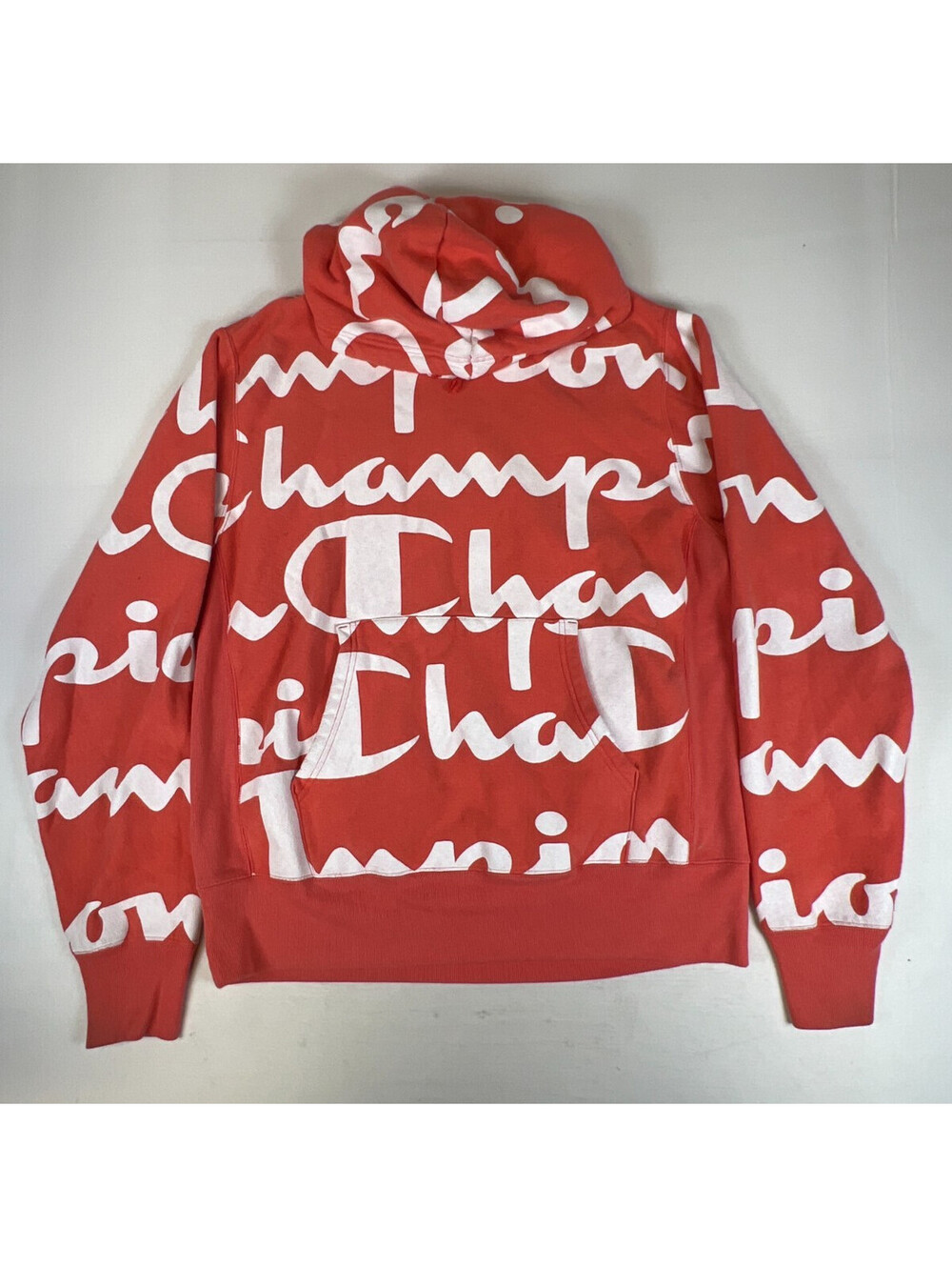 Champion Men L Hoodie Sweatshirt Coral Reverse Weave All Over Print Script Logo